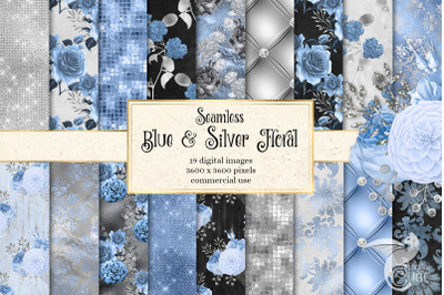 Blue and Silver Floral Digital Paper