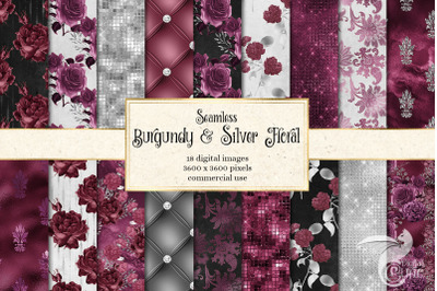 Burgundy and Silver Floral Digital Paper