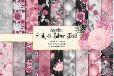 Pink and Silver Floral Digital Paper