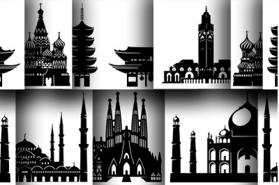 6 Architectural monuments in silhouettes for print or cut