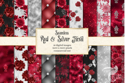 Red and Silver Floral Digital Paper