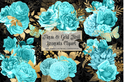 Aqua and Gold Floral Clipart