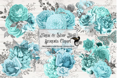 Aqua and Silver Floral Clipart