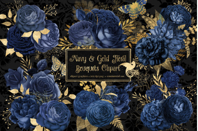Navy and Gold Floral Clipart