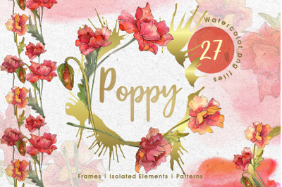 Red watercolor poppies PNG set