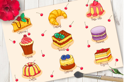 Cakes and desserts vector set