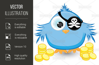 Cartoon pirate sparrow with gold coins