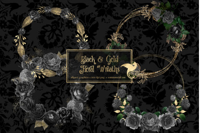 Black and Gold Floral Wreath Clipart