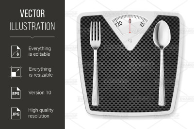 Bathroom scales with fork and spoon.