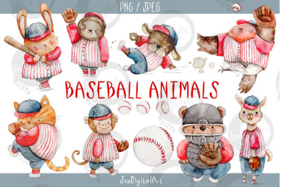 Watercolor Baseball Animals | 9 PNG / JPEG Illustrations