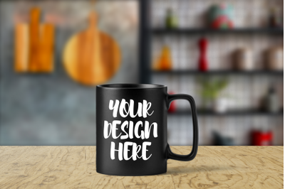 Black Mug Mockup With Blur Kitchen Background