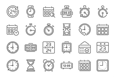 Outline time icon. Timekeeper, stopwatch and timer icons. Alarm clock,