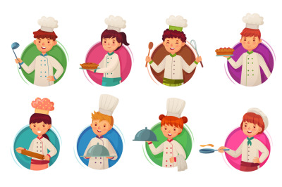 Little kid chef. Children cooking, kids cooks in circle frame and chil