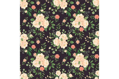 Rose flowers pattern. Roses black print, flower buds and floral seamle