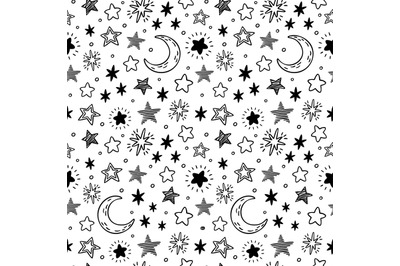 Seamless hand drawn stars. Starry sky sketch, doodle star and night ve