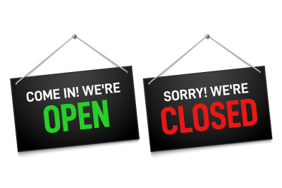 Black open and closed sign. Dark shop door signboards, come in and sor