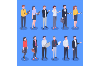 Isometric business office people. Bank employee, corporate businessman