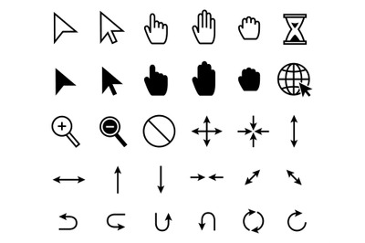 Cursor icons. Web pointer clicking, scale arrow and magnifier icon. Gr