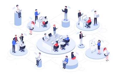 Isometric virtual office. Business people working together, technology