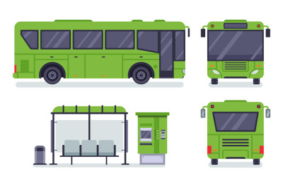 Flat city bus. Public transport stop, autobus ticket office and buses