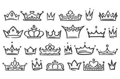 Hand drawn crown. Luxury crowns sketch, queen or king coronation doodl