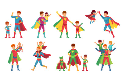 Cartoon father superhero. Happy fathers day, super parent with kids an