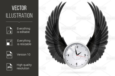 Black wings. Clock.