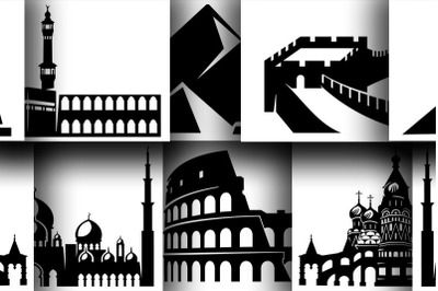 6 Architectural monuments in silhouettes for cut or print