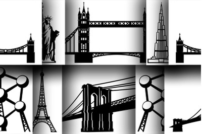 6 Architectural monuments in silhouettes for print, for cut