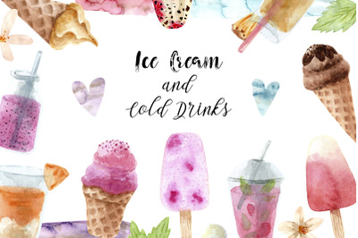 Watercolor Ice Cream and Cold Drinks. Seamless Patterns, Cliparts