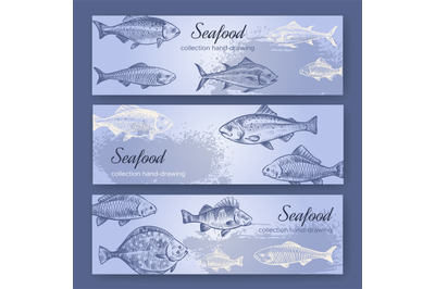 Seafood flyers. Vintage mediterranean fish food poster, sea restaurant