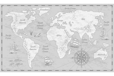 Gray world map. Earth antiquity paper map with continents ocean sea ol