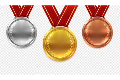 Realistic medal set. Gold bronze and silver medals with red ribbons is