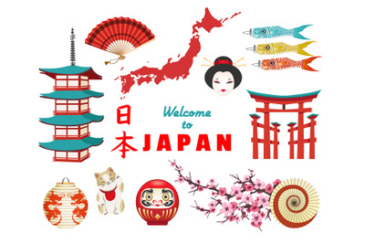 Japanese culture icons on white background