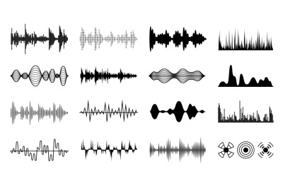 Sound waves set. Black digital radio musical wave. Audio soundtrack sh