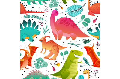 Dinosaur seamless pattern. Dino textile print dragon funny monsters cu