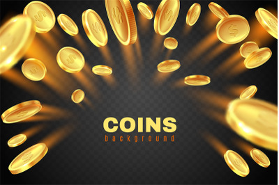 Gold coin explosion. Golden dollar coins rain. Game prize money splash