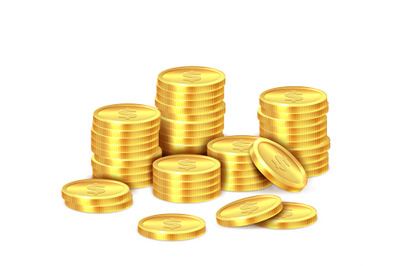 Gold coins stack. Realistic golden dollar coin money pile, stacked cas