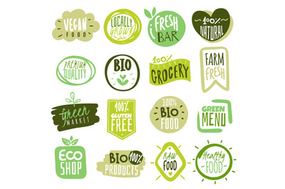 Organic food labels. Natural healthy meal fresh diet products logo sti