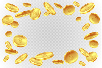 Gold coins explosion. Realistic flying golden coin. Monetary fall cash