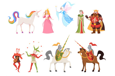 Fairy tales characters. Wizard knight queen king princess prince medie