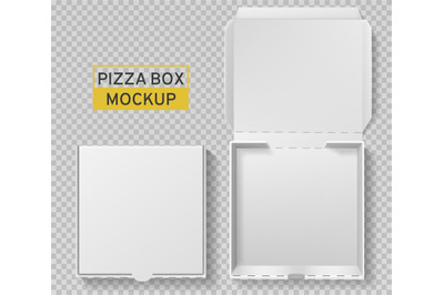 Pizza box. Open and closed pizza pack&2C; top view paper white carton moc