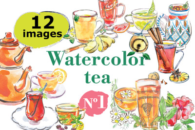 Watercolor tea vector set