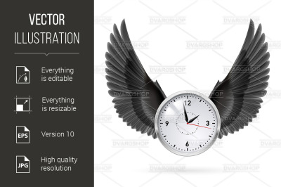 Clock and black wings.