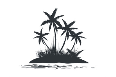 Island with palm trees silhouette