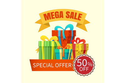 Mega sale banner with gift boxes