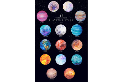 15 watercolor planets and stars