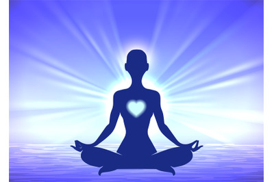 Meditation woman silhouette on blue background