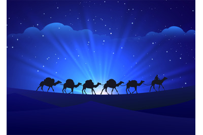 Walking camel caravan night background