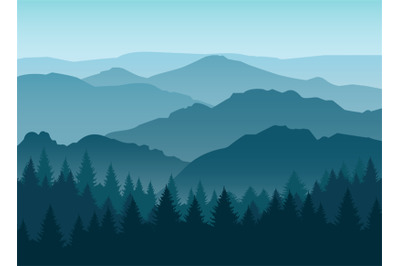 Misty blue mountain silhouettes background